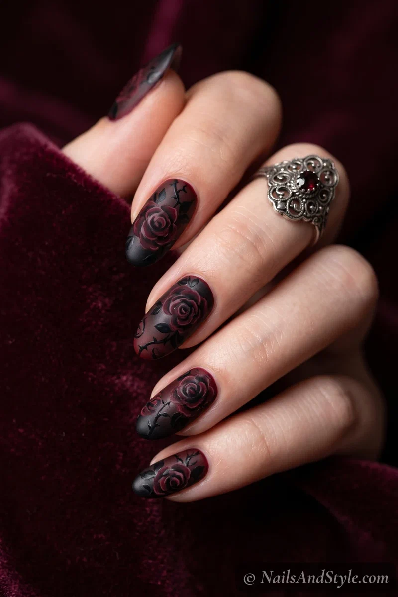 Dark nails with deep red and black gothic roses