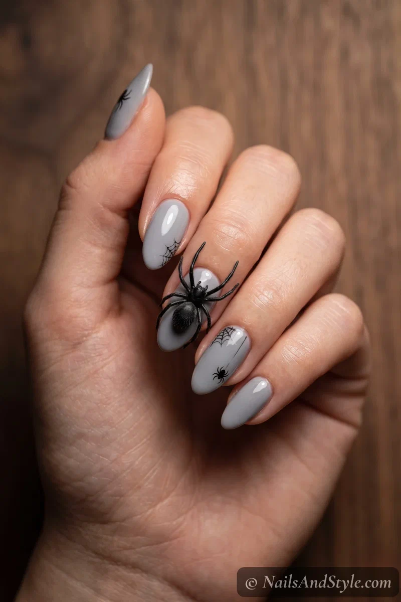 Grey nails with a detailed realistic black spider crawling across them