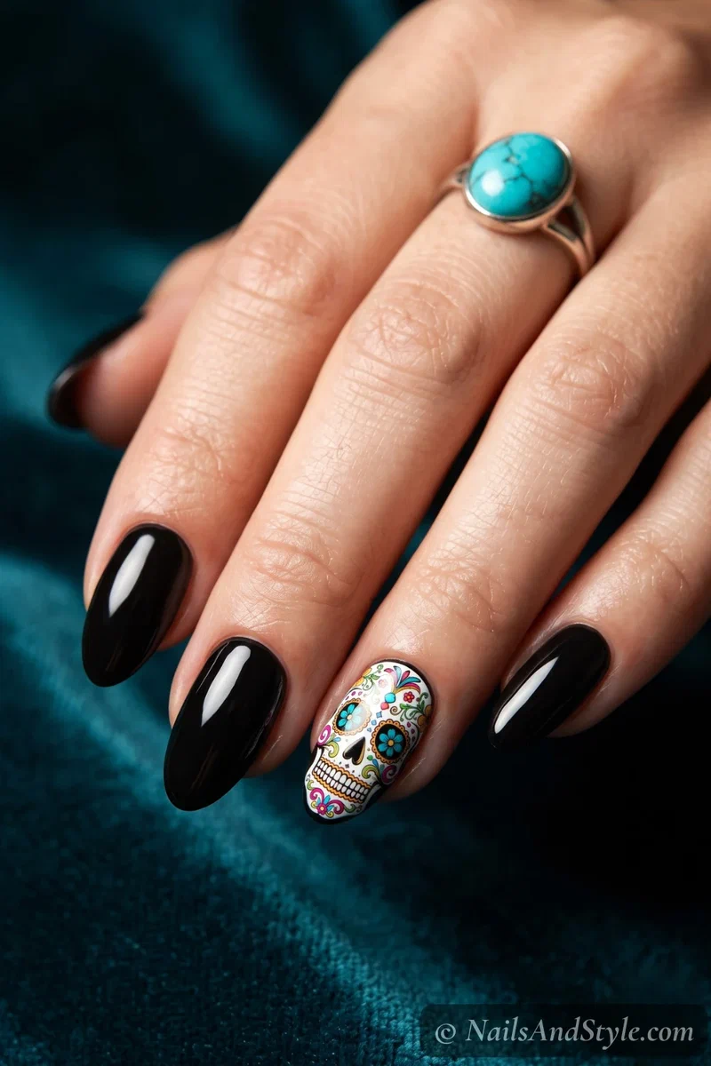 Black nails with an ornate colorful sugar skull with swirls and flowers