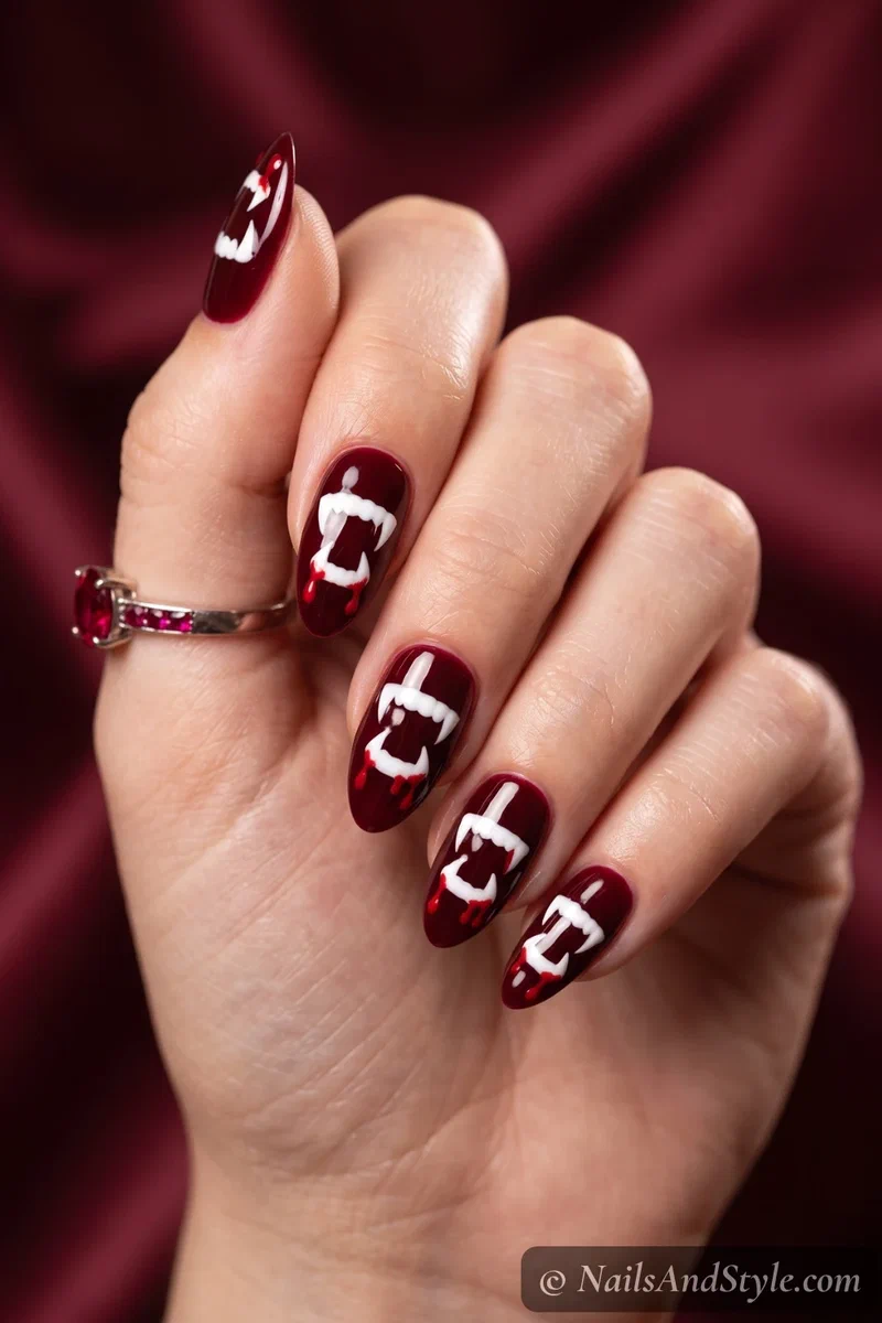 Dark red nails with white vampire fangs and red blood drips