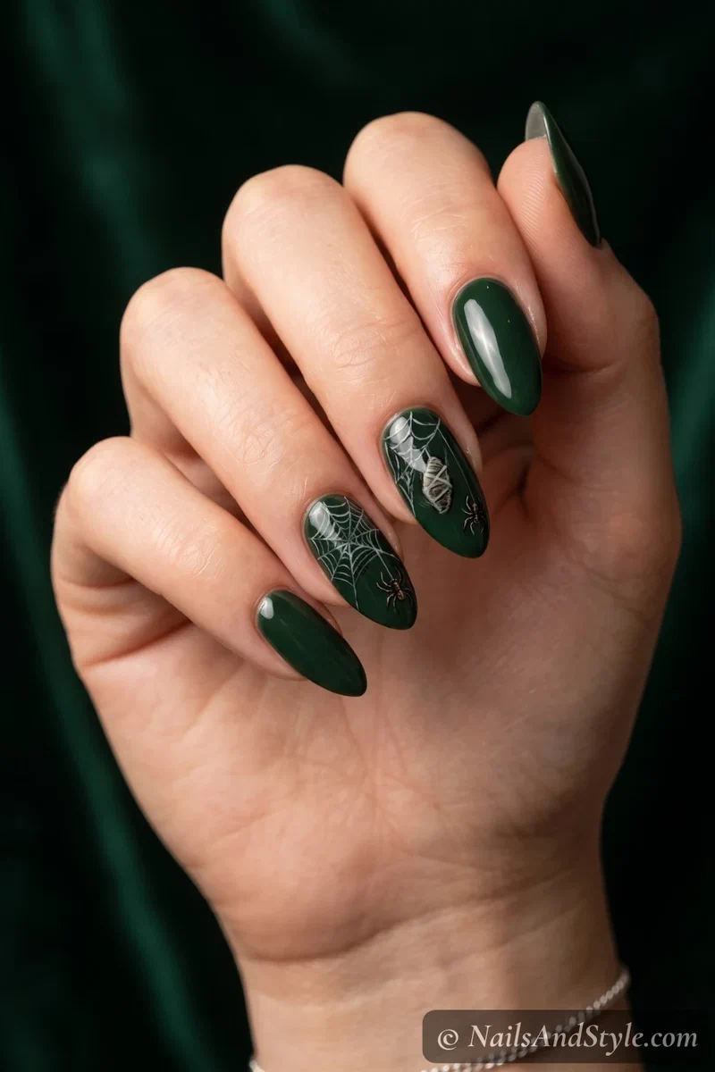 Dark green nails with a spider web holding a wrapped up bug