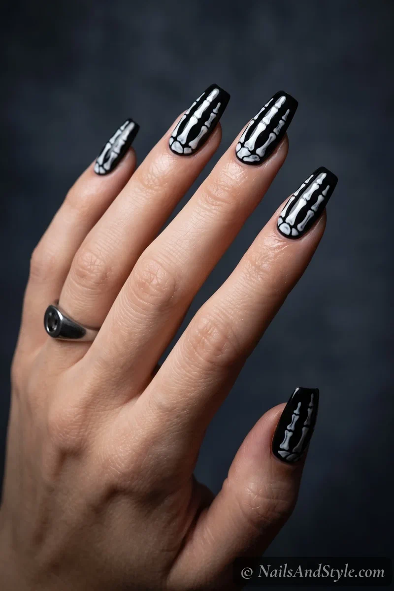 Black nails with detailed white skeleton finger bones like an X-ray