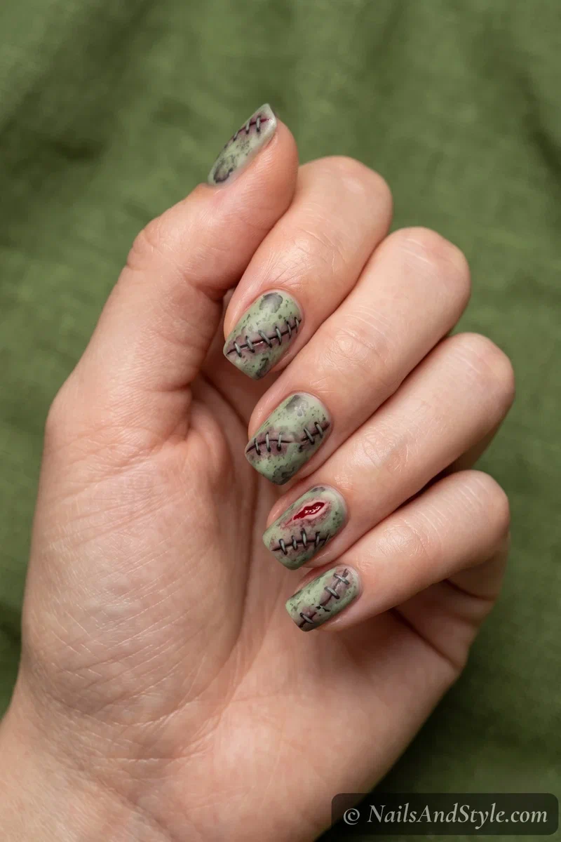 Sickly green grey nails textured like rotting zombie skin with stitches