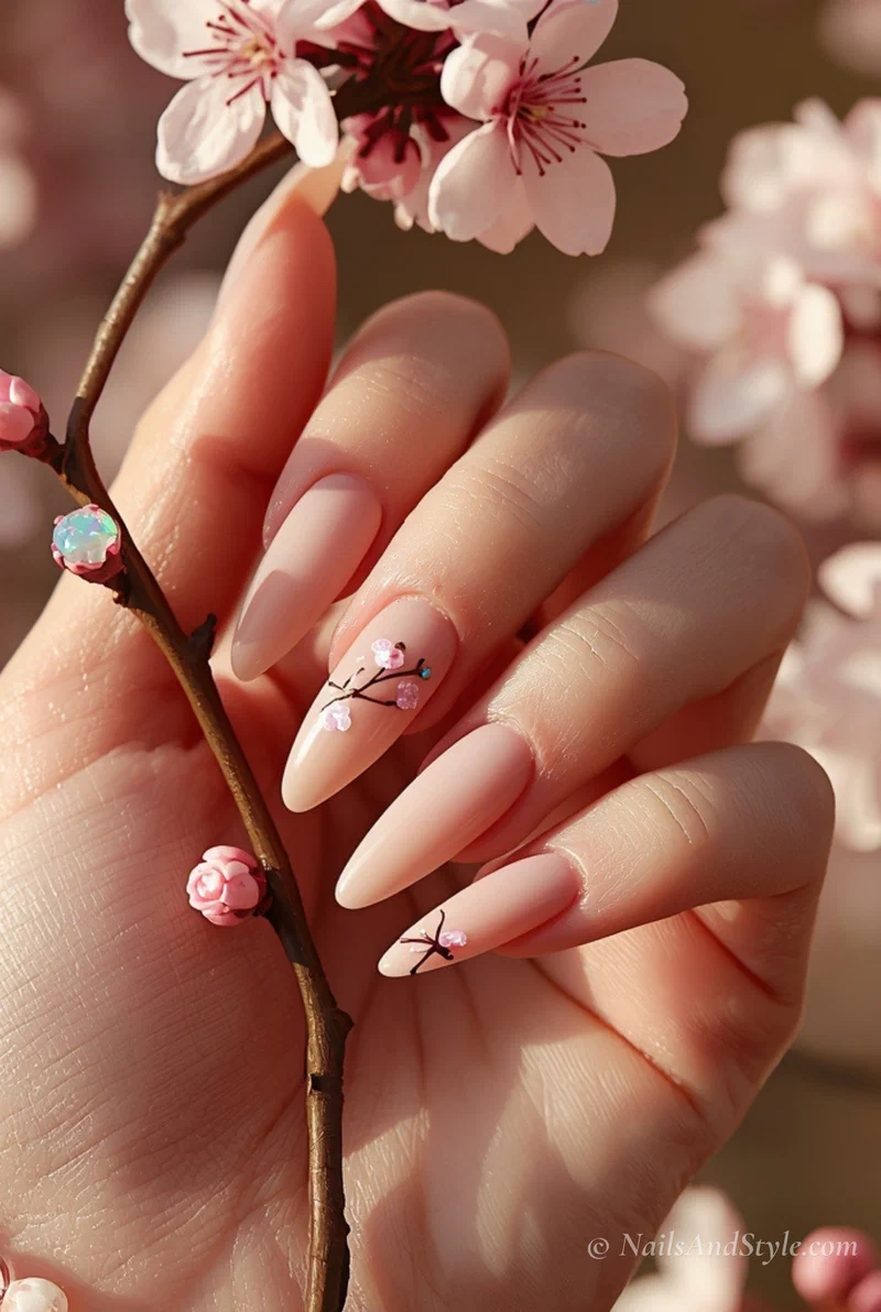 Nude acrylic nails with hand painted cherry blossom accent designs