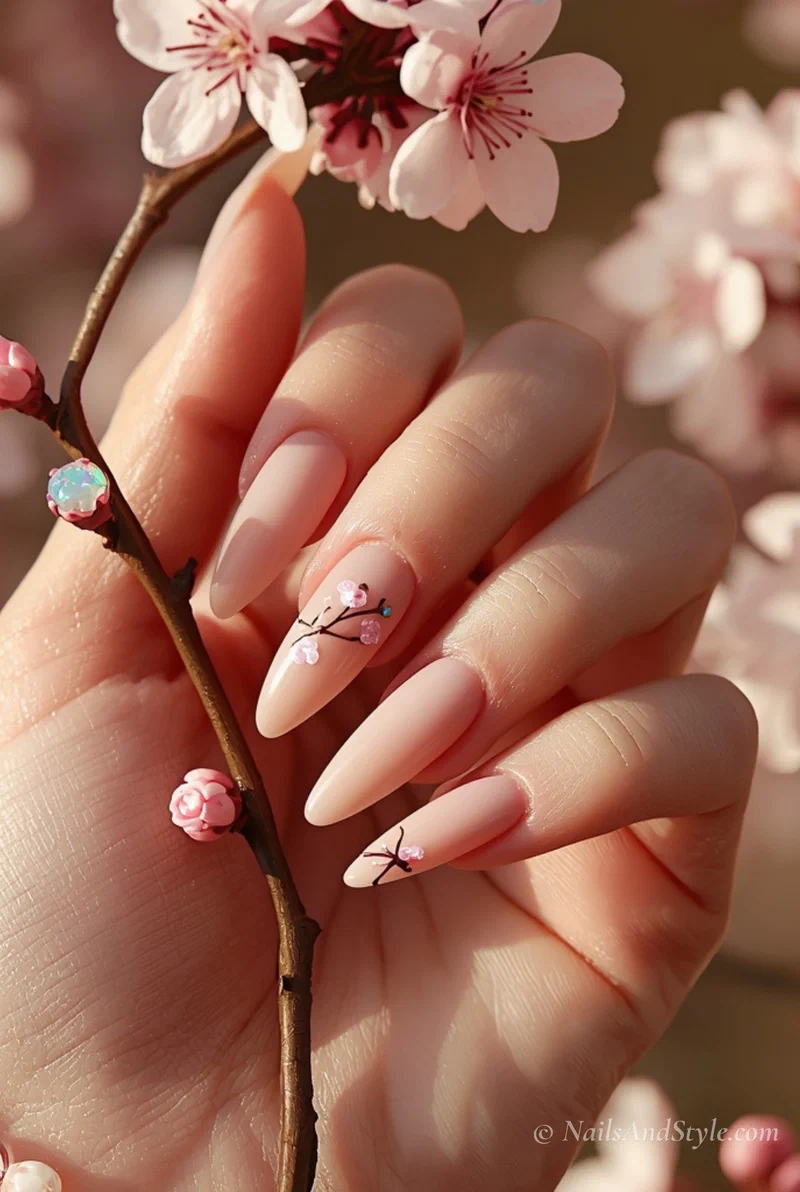 Nude acrylic nails with hand painted cherry blossom accent designs