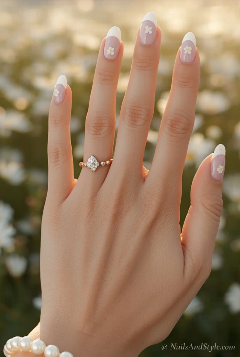 White french tip acrylic nails with hand painted daisy designs