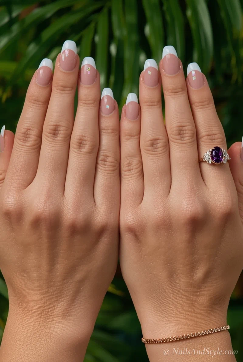 White french tip acrylic nails with pastel floral designs along smile line