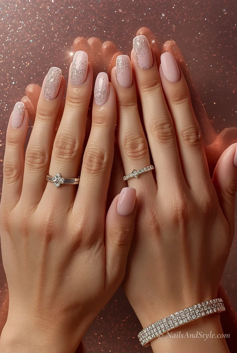 Pink ombre french tip acrylic nails with silver glitter accent