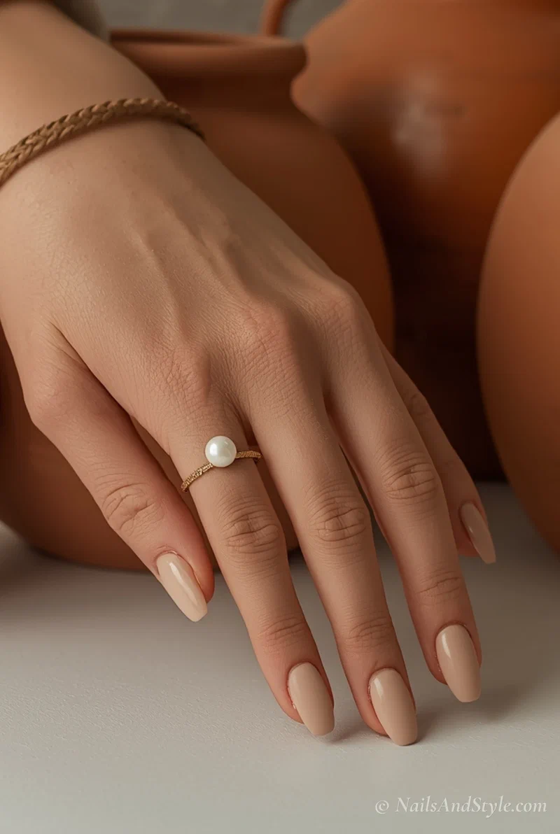 Matte nude almond acrylic nails with pearl accent at cuticle