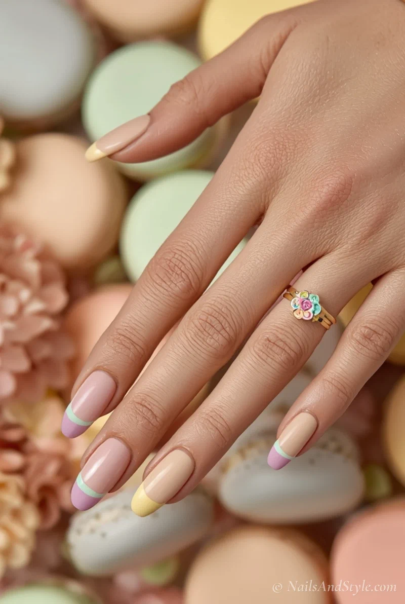 Pastel rainbow french tip acrylic nails in lilac mint peach pink and yellow