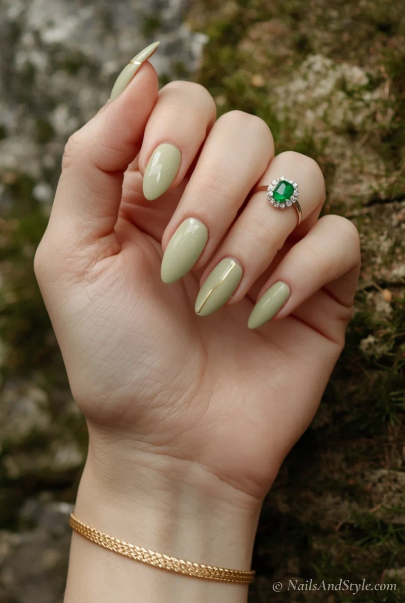 Sage green almond acrylic nails with thin gold accent line
