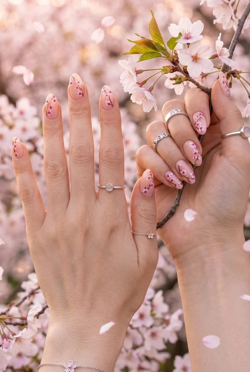 Cherry blossom nail art with pink flowers and brown branches on nude nails