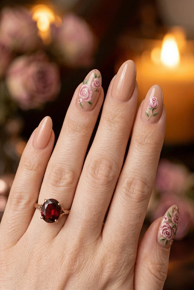 Dainty rose nail art on accent nails with nude base and dusty pink roses