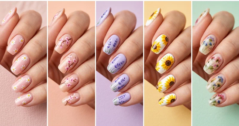 Collage of four spring floral nail designs including pastel daisies, cherry blossom tips, dainty roses, and minimalist petal lines