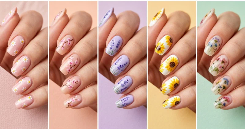 Collage of four spring floral nail designs including pastel daisies, cherry blossom tips, dainty roses, and minimalist petal lines