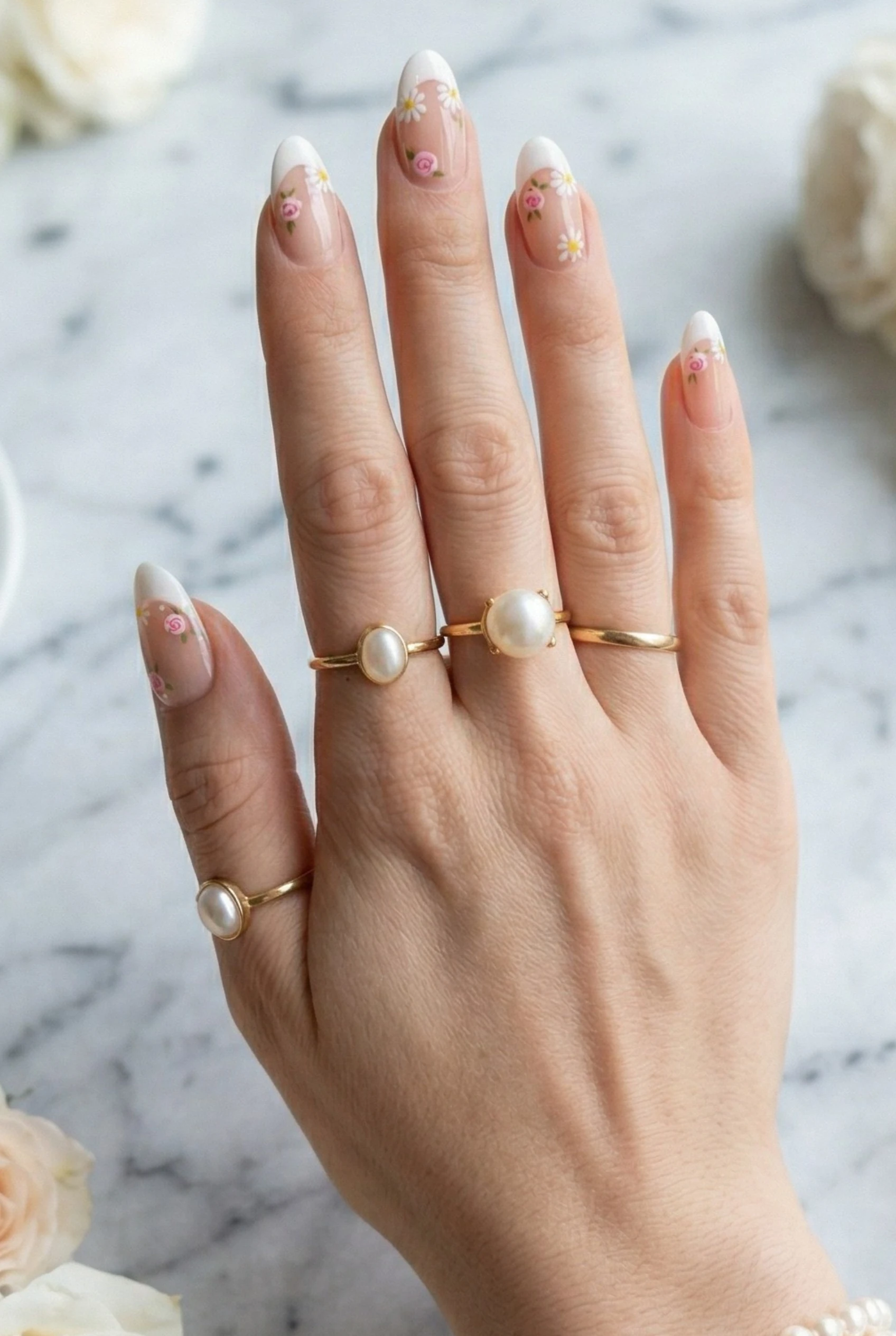 Floral French tip nails