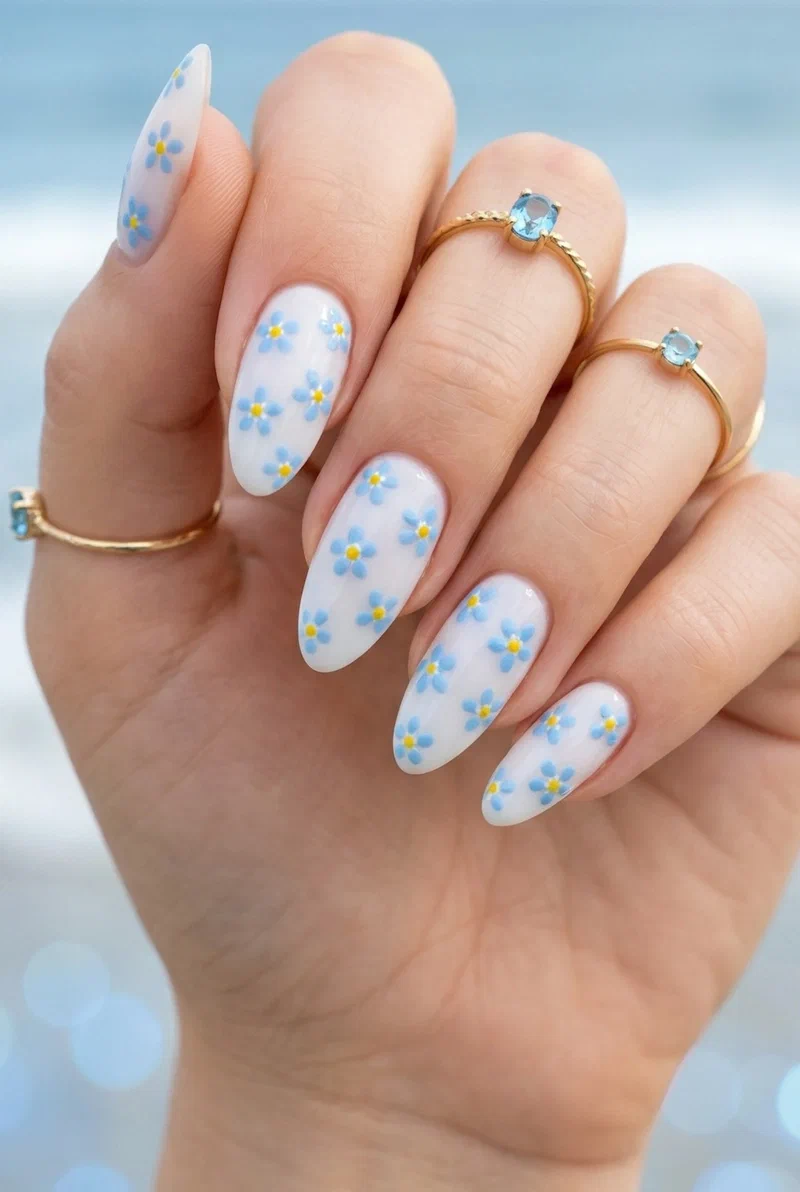 Forget-me-not blue floral nail art with tiny blue flowers on white base