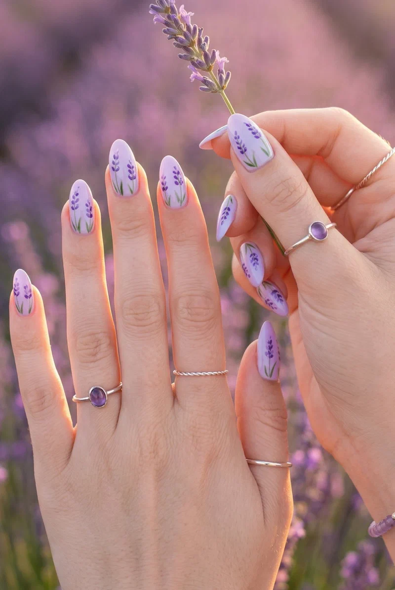 Lavender spring nail art with purple flower details on pastel base