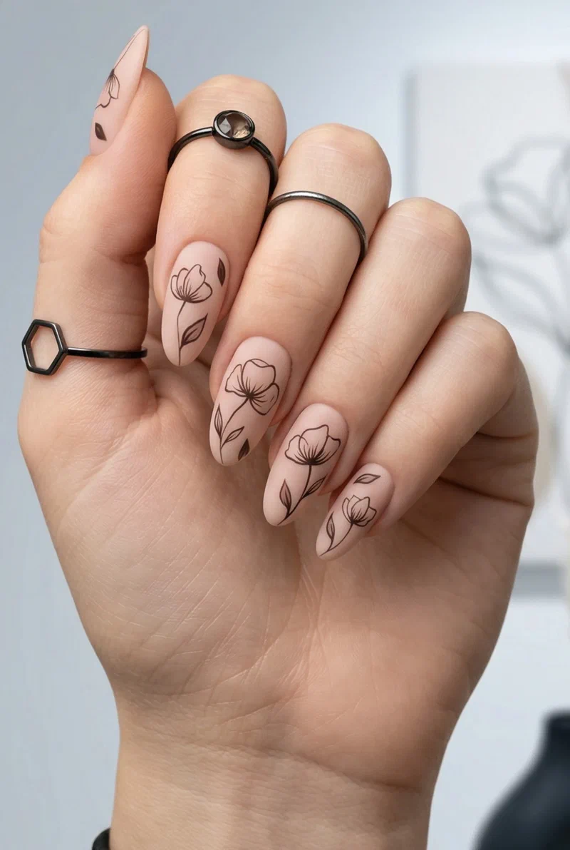 Matte floral outline nail art with botanical sketch style on nude nails