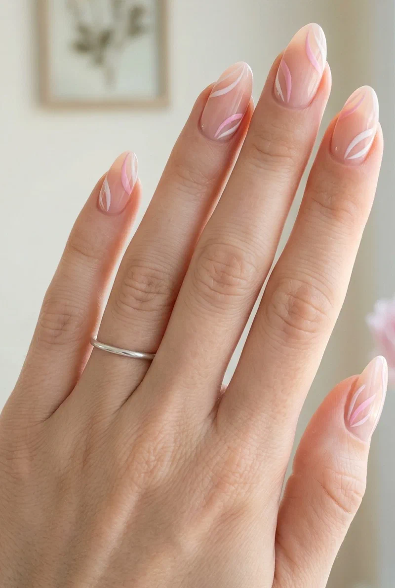 Minimalist petal line nail art with simple curved strokes on nude nails
