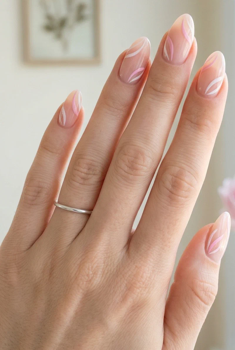 Minimalist petal line nail art with simple curved strokes on nude nails