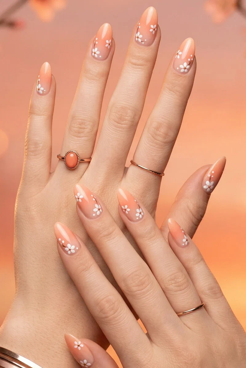 Peach ombre nails with white blossom details near cuticle