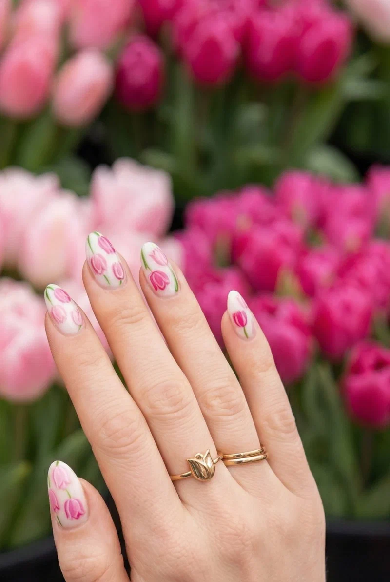 Pink tulip nail art on white base with green stem details
