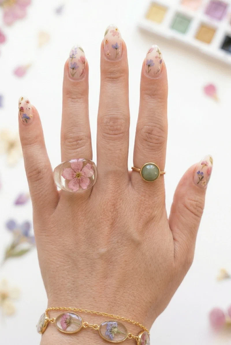 Pressed flower style nail art with watercolor florals on clear base