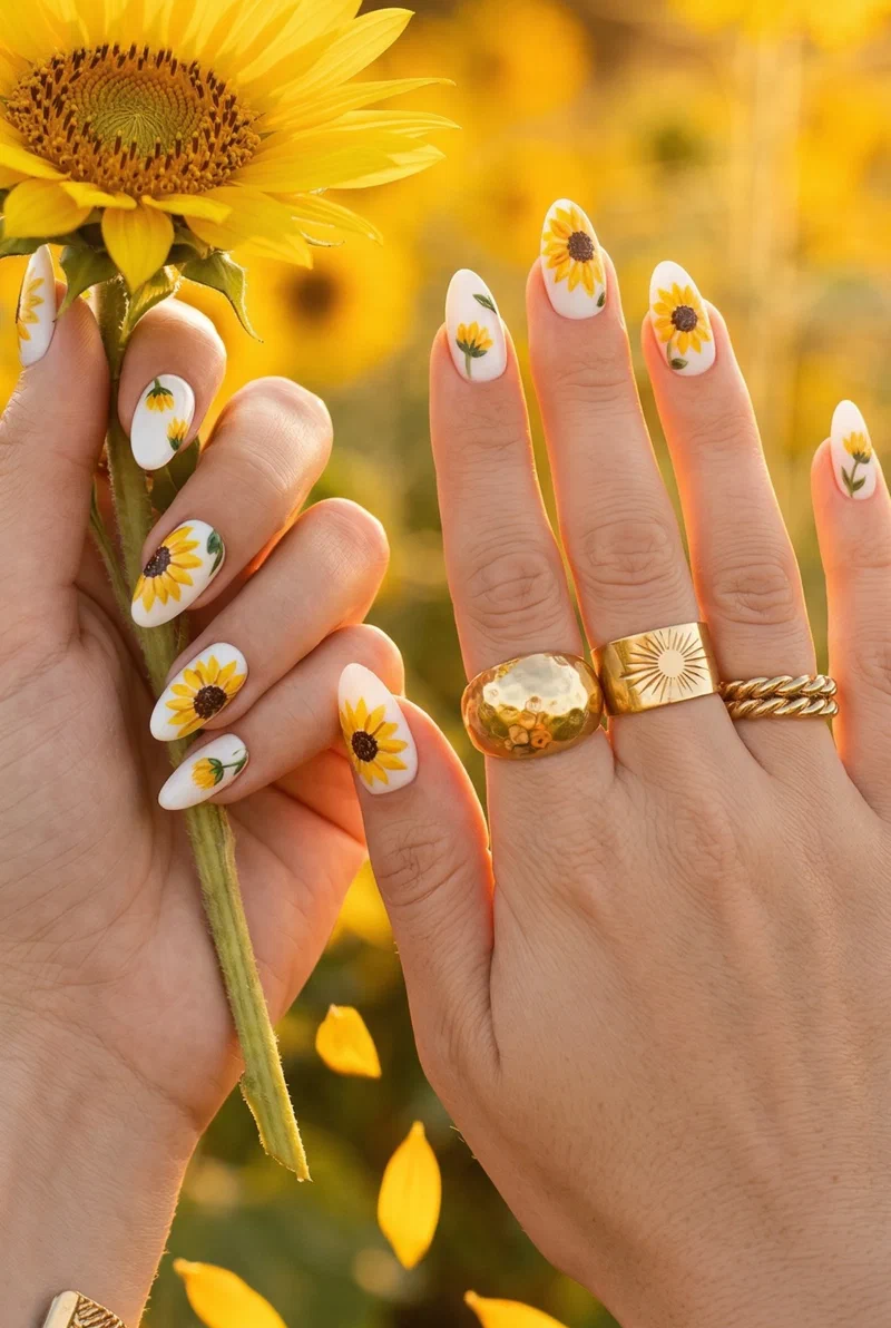 Sunflower nail art on white base with yellow petals and brown center