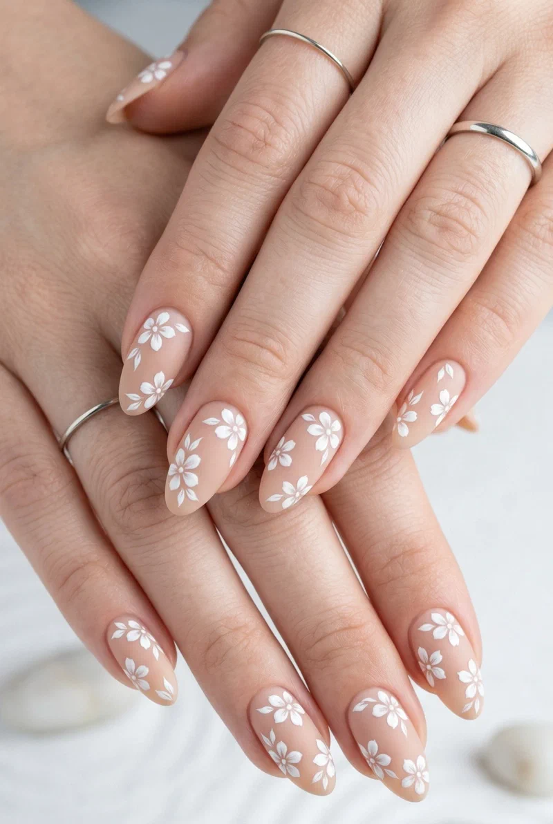 White floral nail art on nude base with matte finish