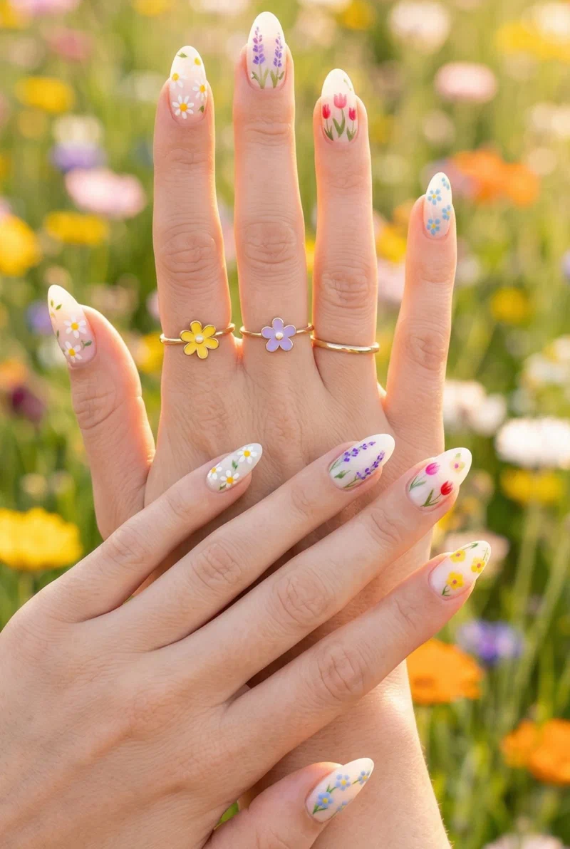 Mixed wildflower nail art with different flowers on each nail