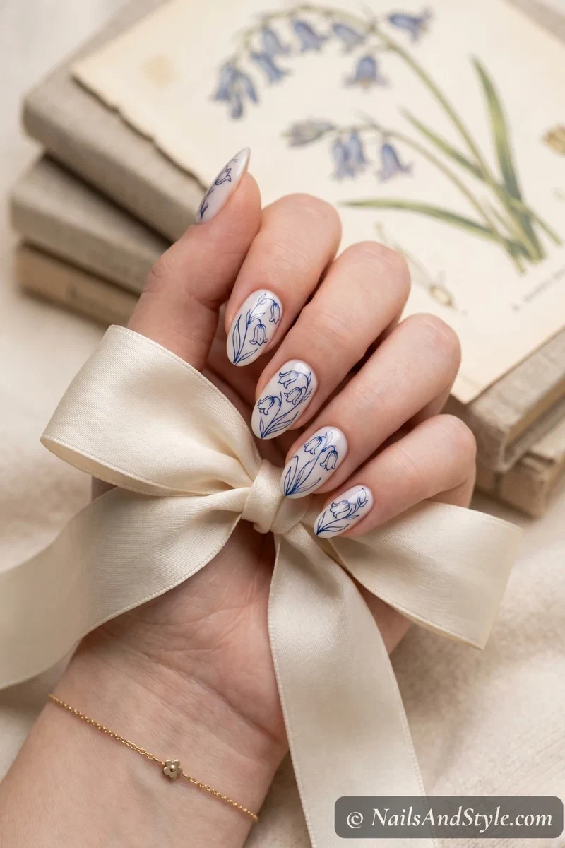Bluebell sketch nail art with thin navy line drawings on milky white base short nails