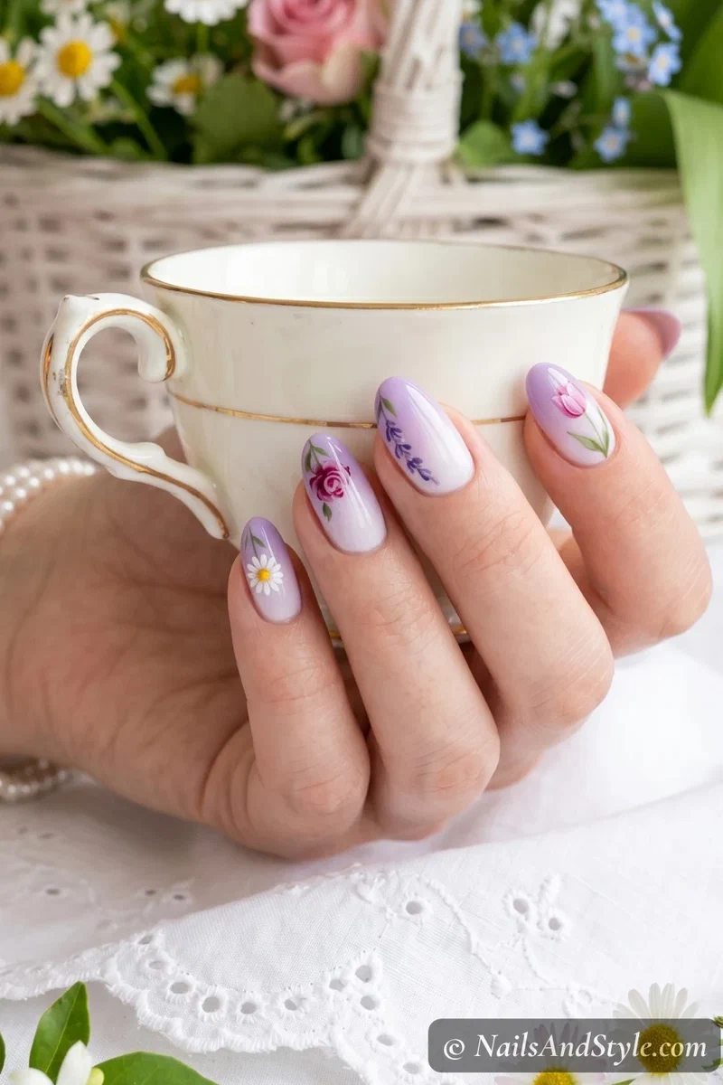 Cottage garden mix nails with different flower designs on each nail with nude base