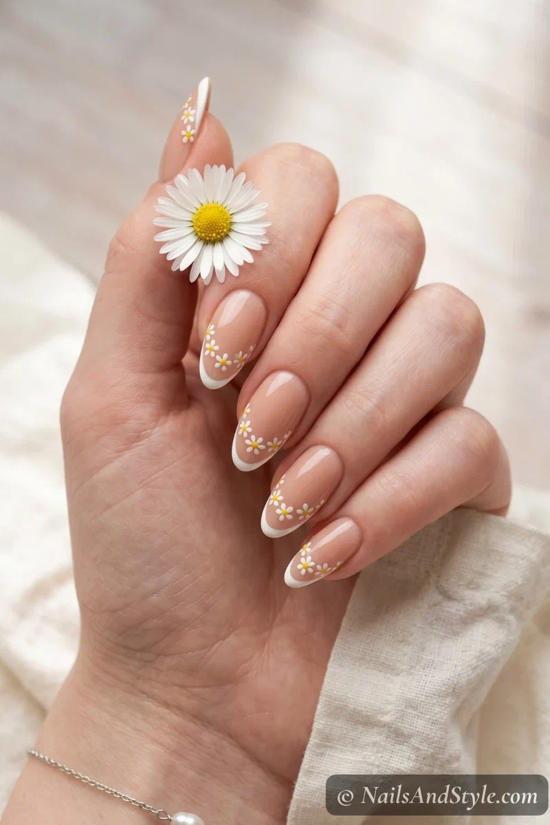 Daisy chain French tip nails with tiny white daisies running along the smile line on nude base
