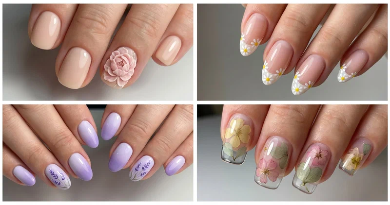 Collage of four spring flower nail designs including 3D peonies, lavender field ombre, daisy chain French tips, and pressed wildflower glass tips