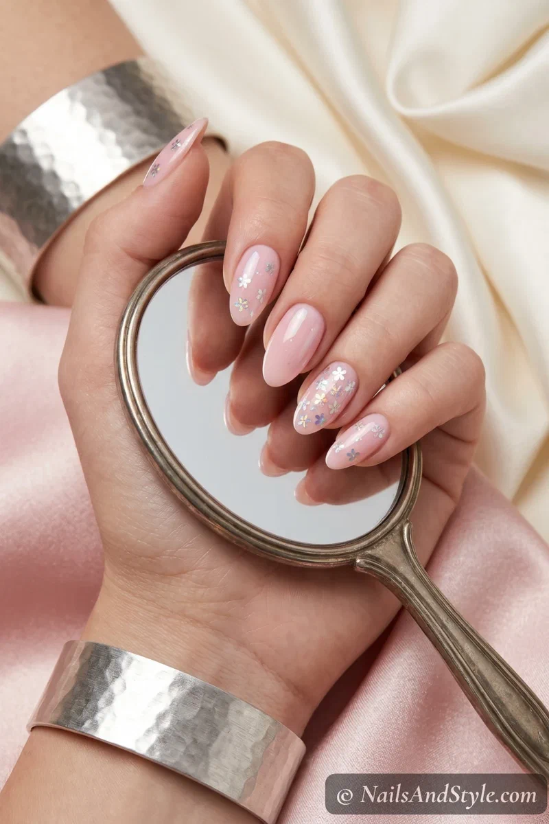 Iridescent petal foil nails with shimmery flower shapes on pale pink base medium nails