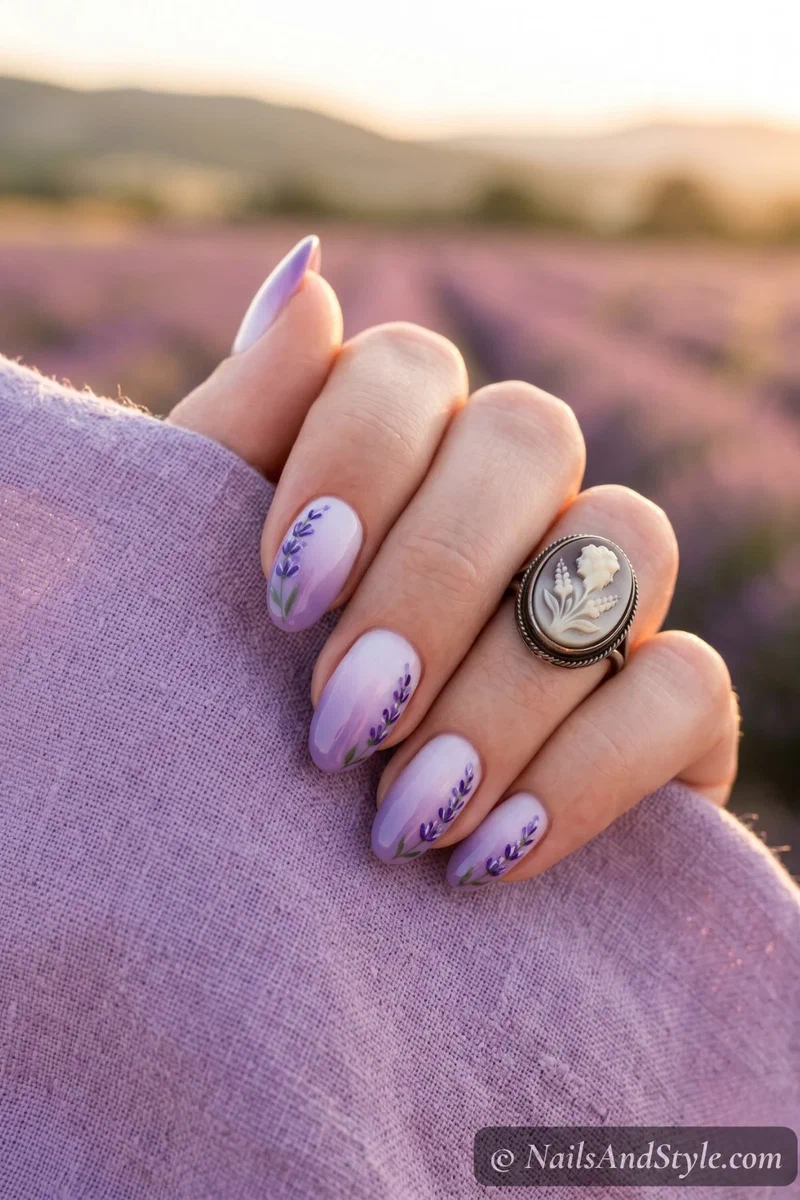 Lavender field ombre nails with purple gradient and tiny lavender sprig details on short almond nails