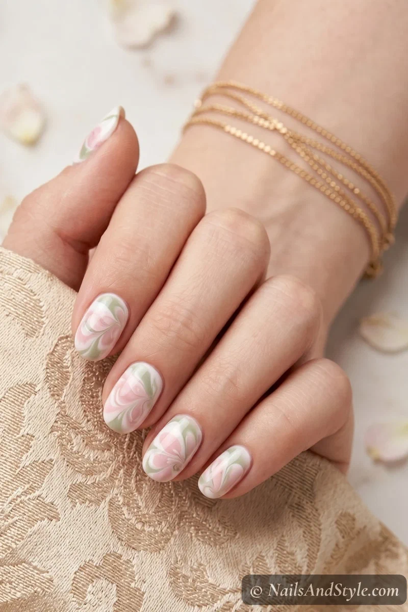 Marble bloom swirl nails with soft pink and pale green swirled petal shapes on short round nails