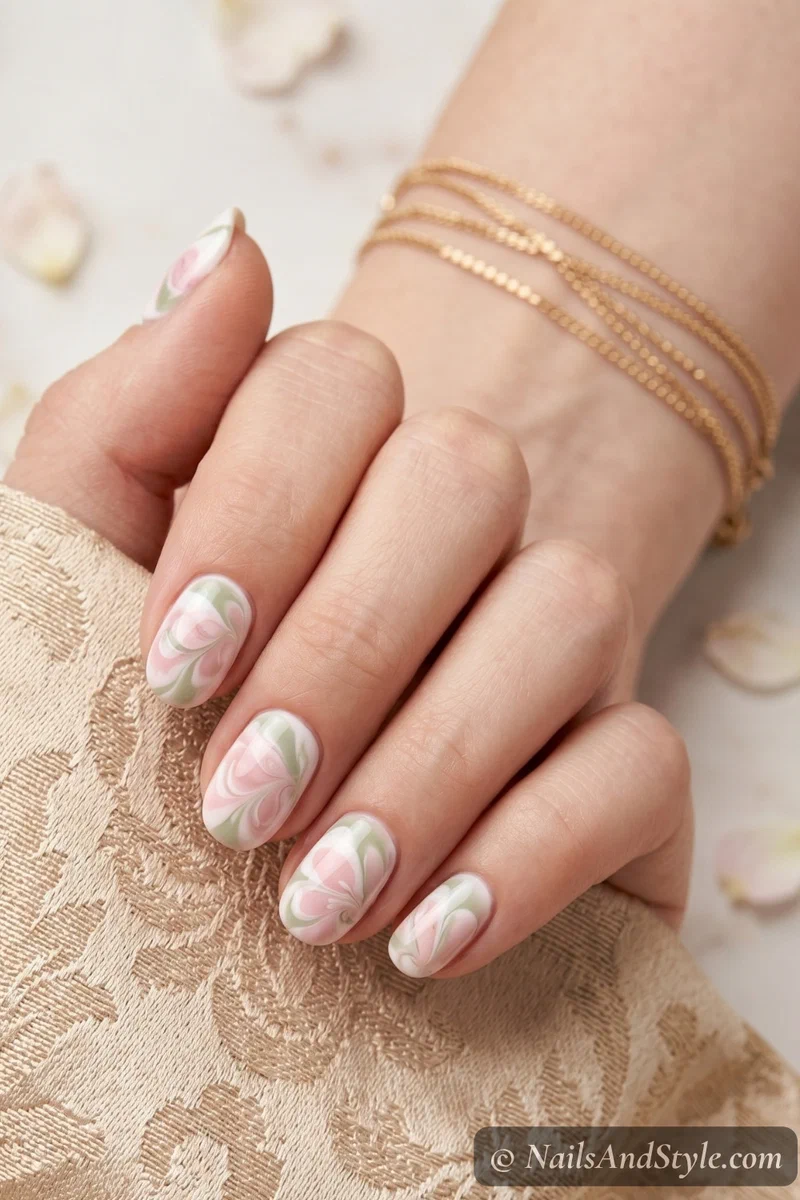 Marble bloom swirl nails with soft pink and pale green swirled petal shapes on short round nails