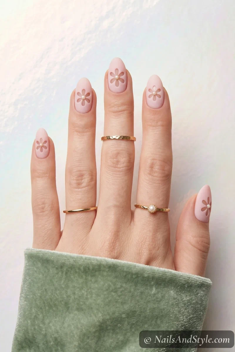 Negative space daisy nail art with milky pink base and bare nail daisies with matte top coat