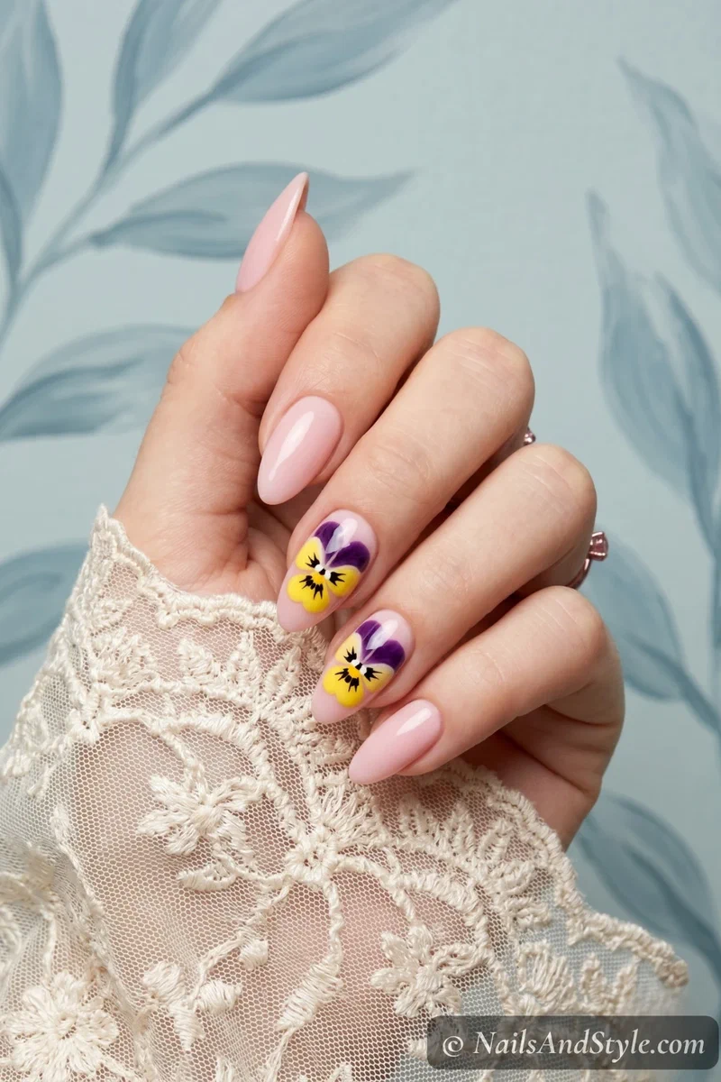 Pansy accent nails with purple and yellow flowers on pale pink base medium nails