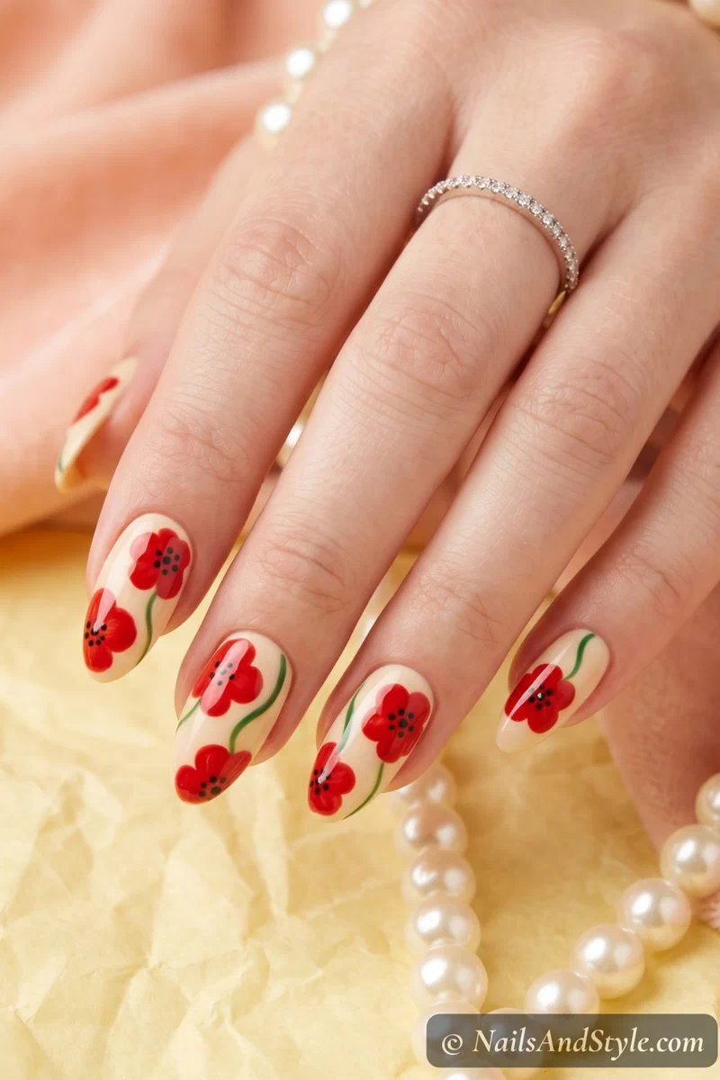 Poppy field nail art with bold red poppies and green stems on cream base medium almond nails