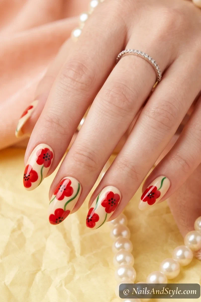Poppy field nail art with bold red poppies and green stems on cream base medium almond nails