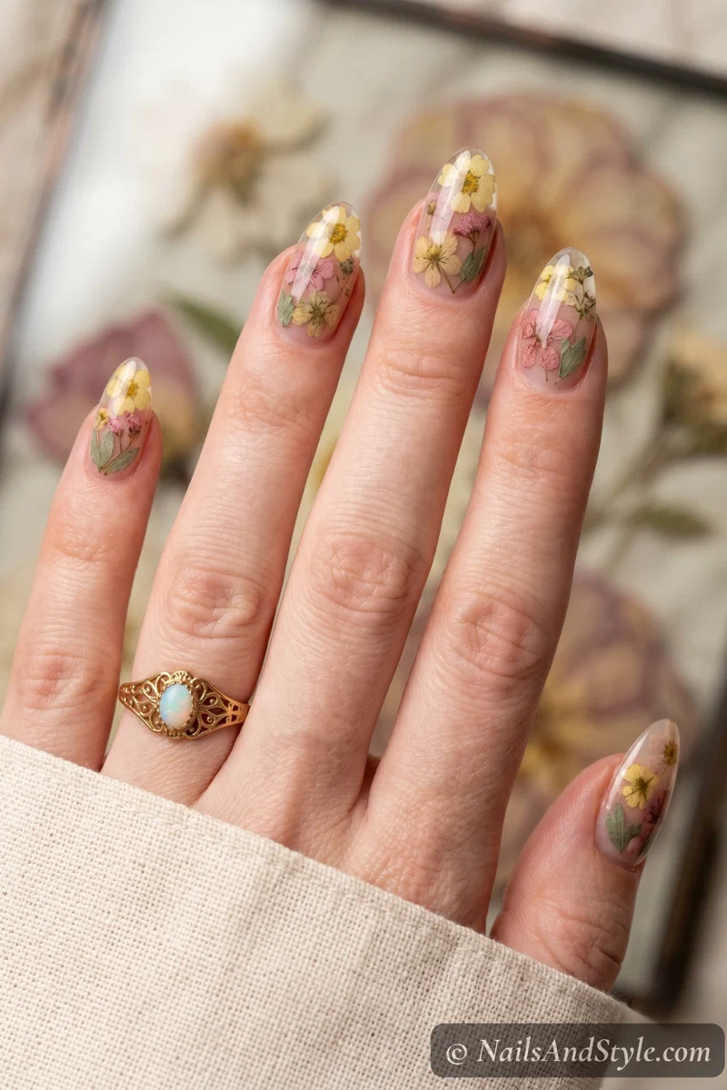 Pressed wildflower glass tip nails with flat muted florals sealed under glossy jelly top coat