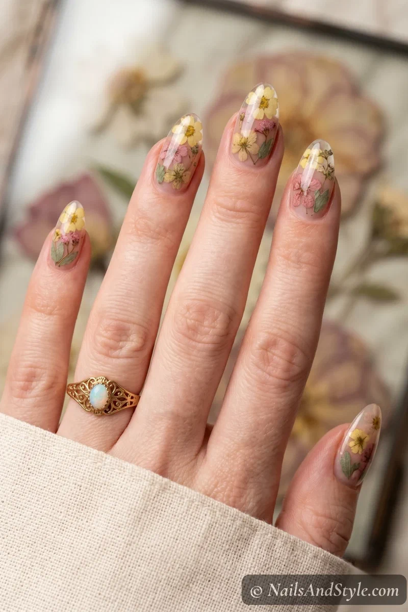 Pressed wildflower glass tip nails with flat muted florals sealed under glossy jelly top coat