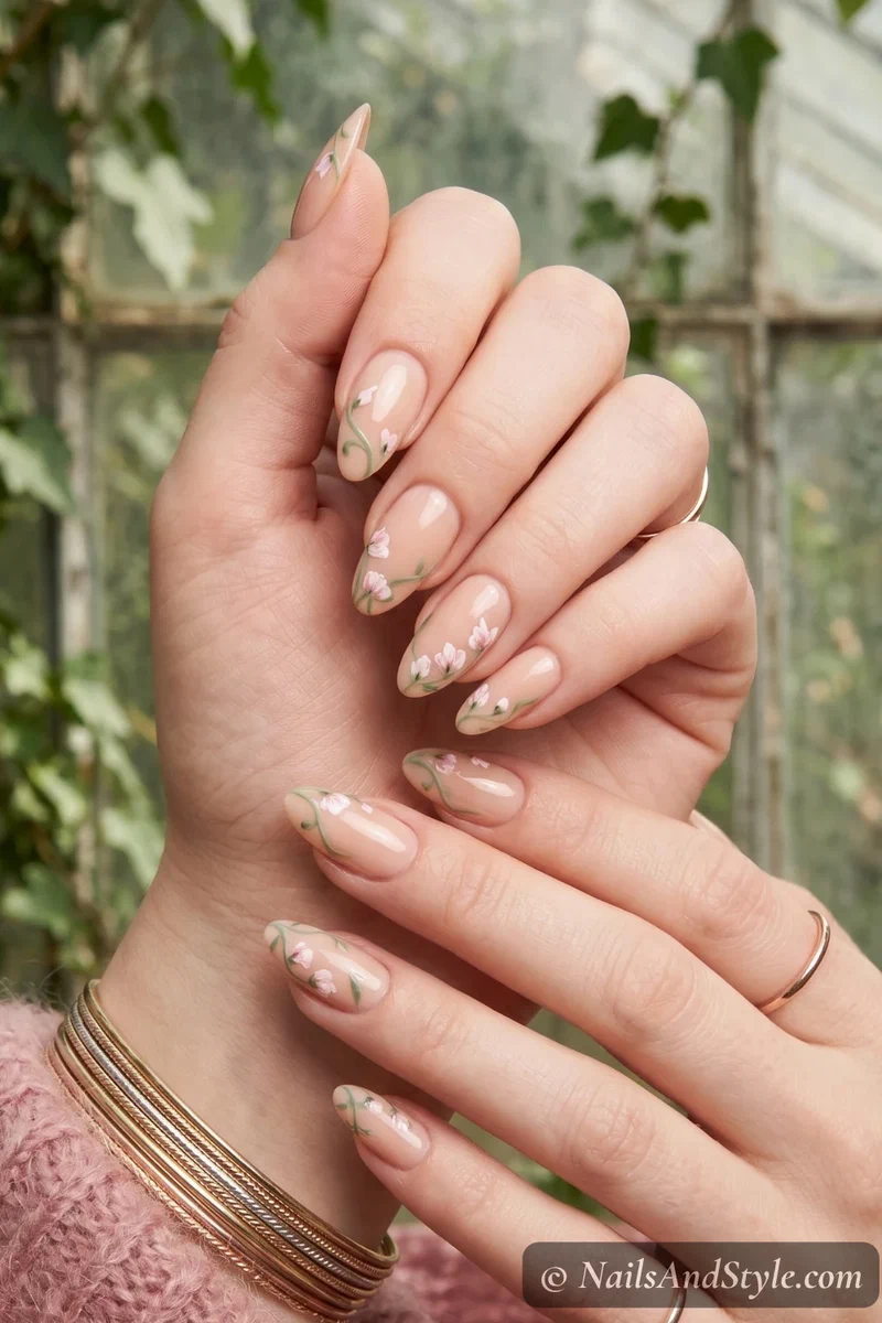 Sweet pea vine tip nails with thin curling vines and pale pink white sweet pea flowers on nude base