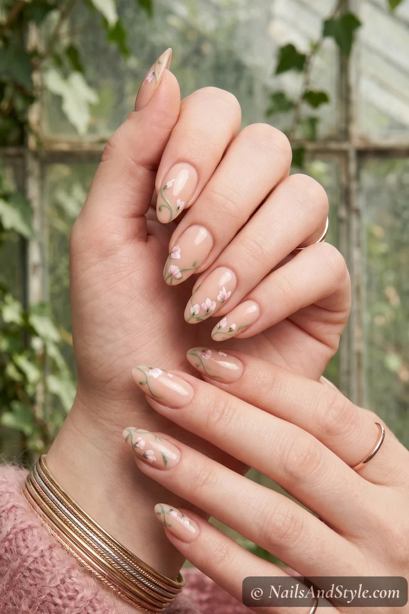 Sweet pea vine tip nails with thin curling vines and pale pink white sweet pea flowers on nude base