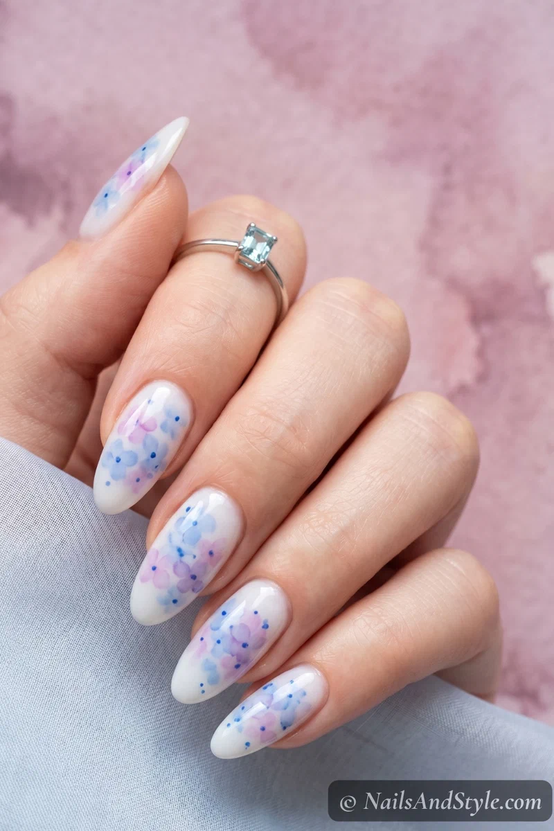 Watercolor hydrangea nail art with blended blue lavender and purple tones on short oval nails