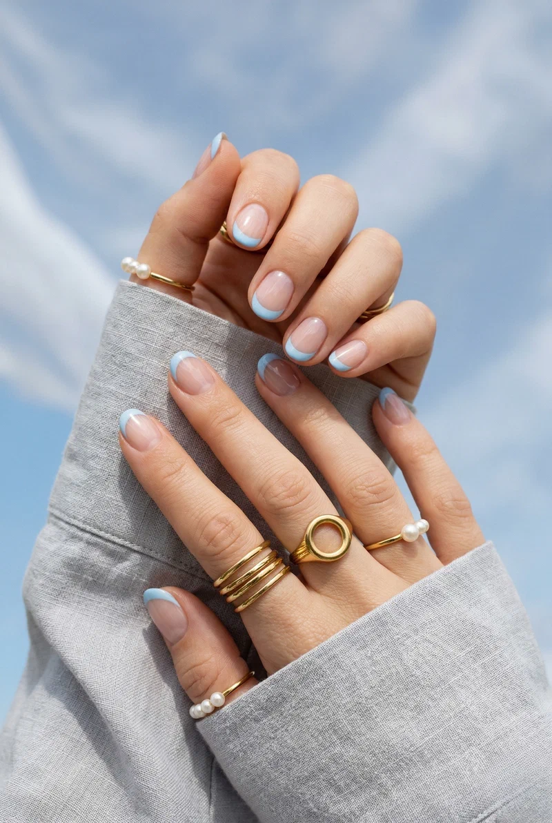Baby blue french tip nails on short round nails
