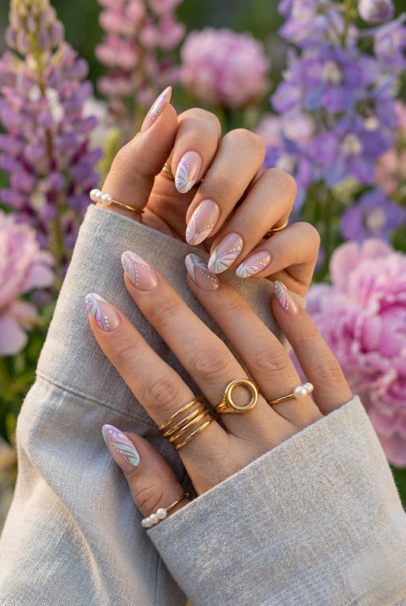 Butterfly wing french tip nail design with pastel wings at tip corners